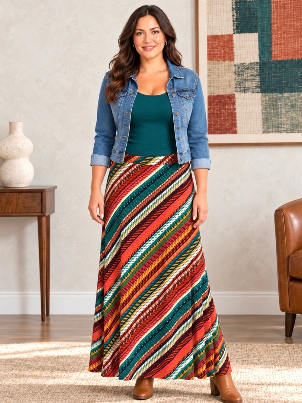 Y2K Vintage Multicolor Abstract Stripe Knit Maxi Skirt Boho A-Line 1X